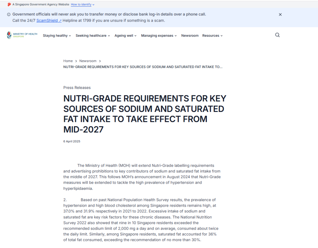 Nutri-grade Requirements For Key Sources Of Sodium And Saturated Fat Intake To Take Effect From Mid-2027