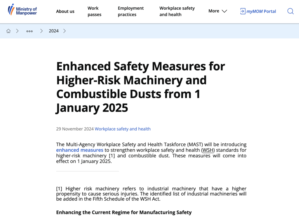MOM Enhanced Safety Measures for Higher-Risk Machinery and Combustible Dusts from 1 January 2025