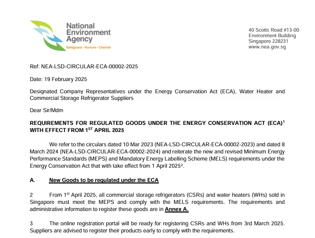 NEA Circular – Water Heater & Commercial Storage Refrigeration Suppliers